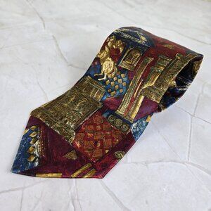 Audrey Buckner 100% Silk Men's Tie "Romanesque" Pattern Red Gold Blue
